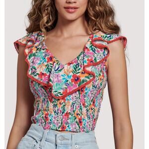 Lost + Wander Floral Smocked Off Shoulder All Summer Long Ruffle Top M Medium